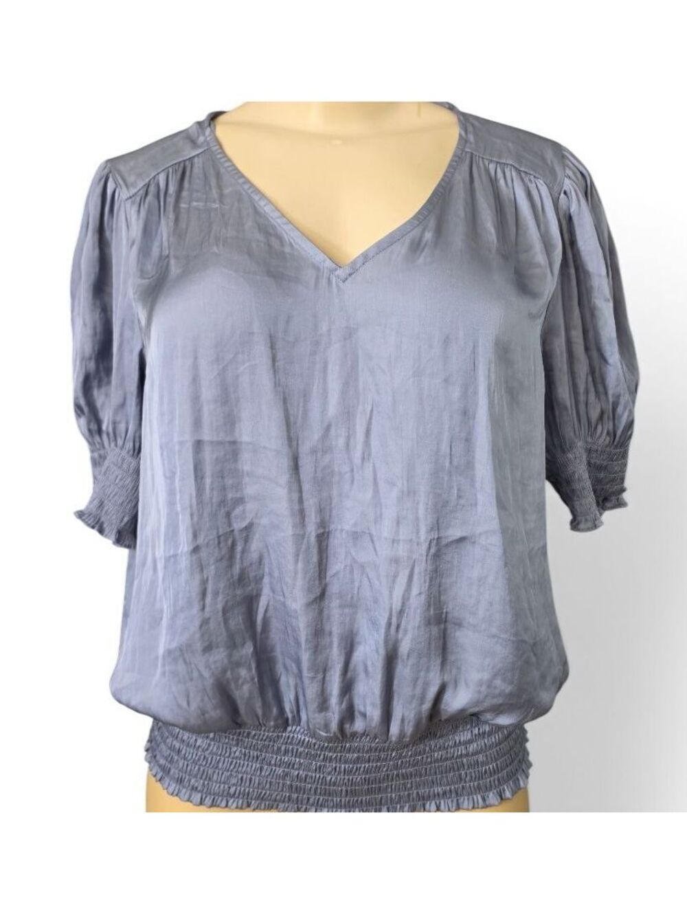 Philosophy Blue Satin Blouse Smocked Puff Sleeve V Neck Top Large Romantic